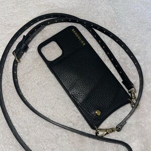 Bandolier Black Pebbled Leather Phone Case with Gold Accents